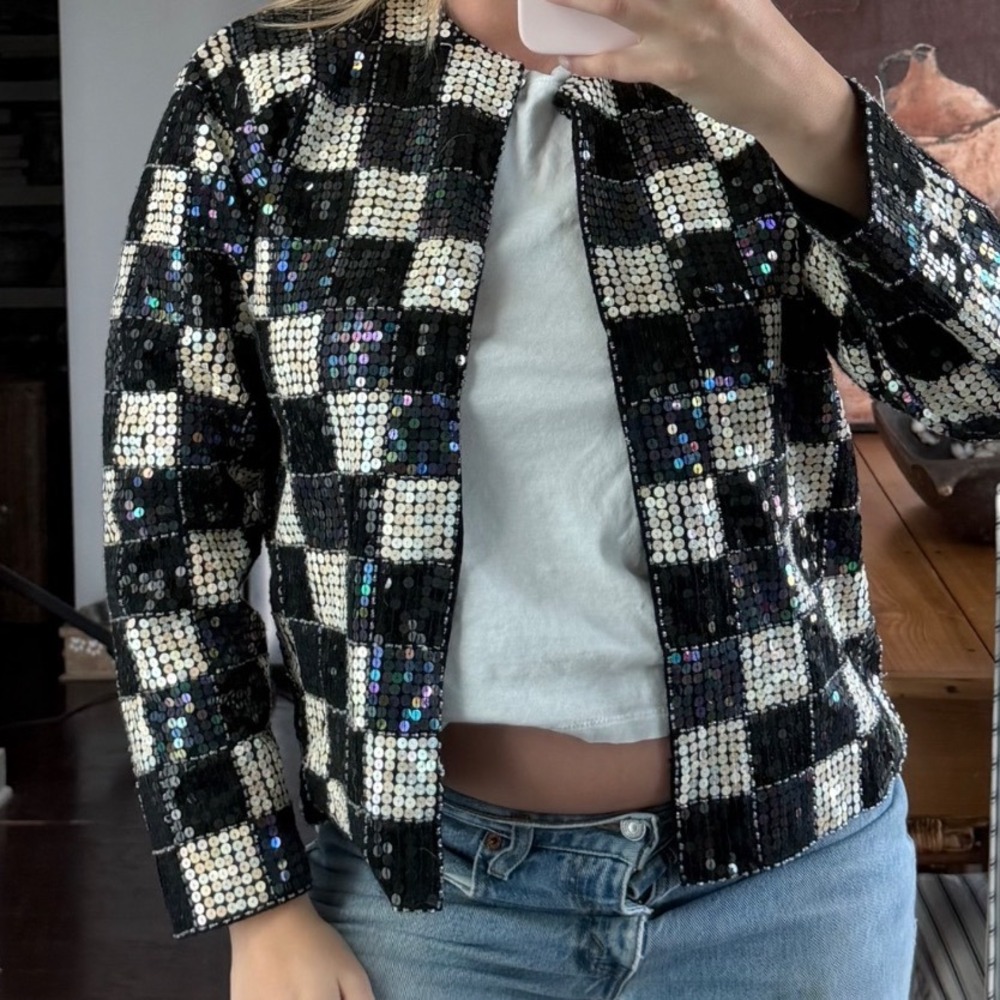 Vintage Fully Beaded Checkered Open-Front Jacket‎
